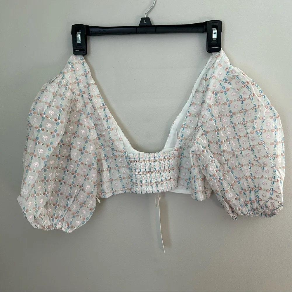 For Love And Lemons White Eyelet Crop Top with Pastel Blue Print - Picture 6 of 14